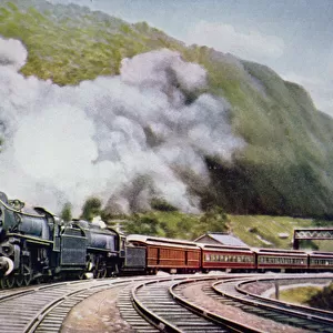The New York to Chicago Express at the Horse-Shoe Curve, Alleghany, c. 1930 (colour litho)