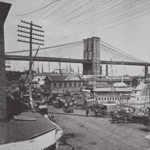 New York: South Street and the Bridge, from Fulton Ferry (b / w photo)