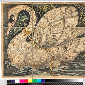 The Noble game of the Swan: Game board with 19 compartments, 1821 (hand-coloured etching)
