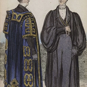Noblemen at Cambridge, Dress Gown, Undress Gown (coloured engraving)