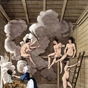 Nude characters in a Filandan sauna. Engraving from 1811 includes a book about