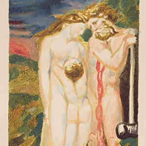 A nude woman looking down at a half-grown boy, plate 18 from The First Book of Urizen