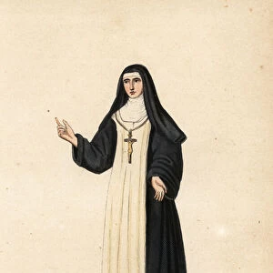 Nun of the Congregation of the Sisters of Our Lady of Mercy, Religieuse de Notre-Dame de la Misericorde. Handcoloured woodblock engraving after an illustration by Jacques Charles Bar from Abbot Tirons Histoire et Costumes des Ordres Religieux
