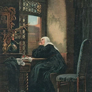 A nun sits in prayer (colour litho)