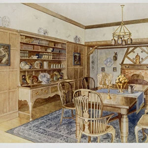 Oak panelled dining room (colour litho)