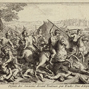 Odo, Duke of Aquitaine, defeating the Umayyads at the Battle of Toulouse, 721 (engraving)
