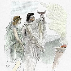 Odyssee d'Homere: " Pisistrate son of Nestor proposes a Telemaque a cup of wine in Pylos" (Peisistratus (Peisistratos or Pisistratus)