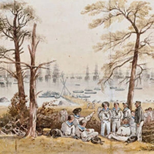 The Officers and Seamen of the Fleet on Shore at Nargen, 1855 (pencil & w / c on paper)