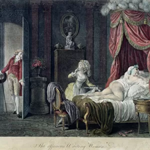 The Officious Waiting Woman, engraved by Chaponnier (coloured engraving)