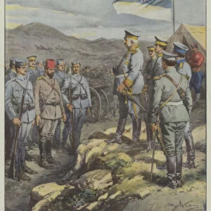 The old King Nicholas of Montenegro witnesses the first victory of his soldiers who made... (colour litho)