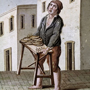 Old Neapolitan metiers: a pizza seller - 19th century watercolour - Naples Museo