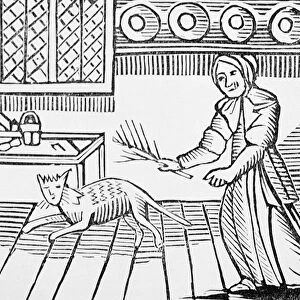An old woman whipping her cat for catching mice on a Sunday