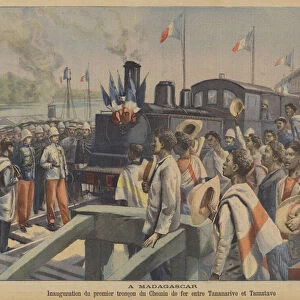 Opening of the first section of the railway line between Antananarivo and Toamasina, Madagascar (colour litho)