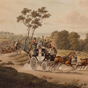 Opposition Coaches at Speed (coloured engraving)