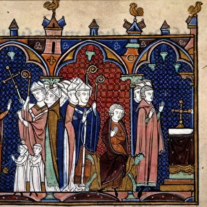 Order of the consecration and coronation of the kings of France: Arrival of the king in the cathedrale, the king sitting on his throne, eveques, monks and clerics