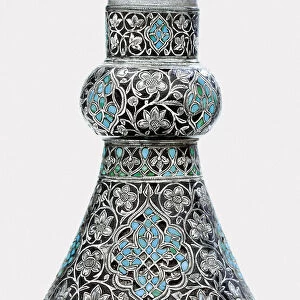 Detail of an Ottoman turquoise inset silver mounted zinc bottle (turquoise, zinc, silver)