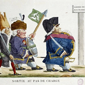 The output at the charge step. Cartoon showing men crossing the barrier of the good men