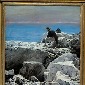 Its over, Napoleon I to Saint Helene (1769-1821) The emperor in exile is represented in a melancholic attitude alone on a rock of Sainte-Helene Island. Painting by Oscar Rex (1857-1929) 19th century Sun
