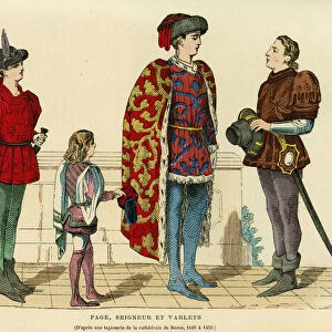 Page costumes, lord and varlet in the 15th century, . Engraving in colours after a