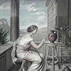 Painter, Artist, Young Greek Woman Painting a Vase, Historical, Digital Reproduction of an Original 19th century Artwork