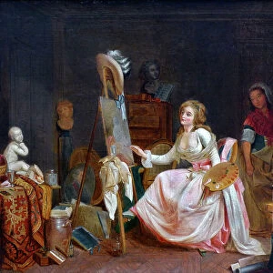 The painter's studio. Young woman painting a picture, 19th century (oil on canvas)