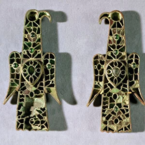 Pair of Eagle-Shaped Brooches (metal and enamel)