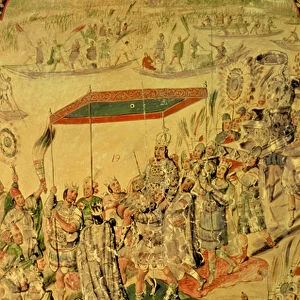 One of a pair of panels depicting the encounter between Hernando Cortes (1485-1547) and Montezuma