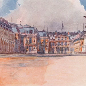 Palace of Versailles, Side facing the Courts, Versailles (colour litho)