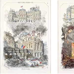The Palais Royal and the Theatre de la Porte Saint-Martin before and after the fire of 1871 (colour litho)