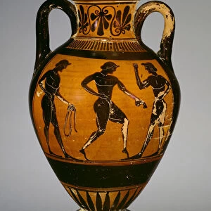 Panathenaic amphora with three athletes (ceramic)