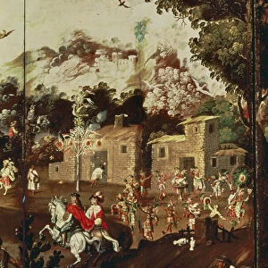 Panel from a folding screen depicting a series of stone houses with Indians dancing in celebration (oil on panel)