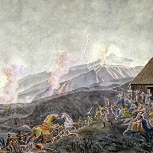 Panic during the eruption of Piton de la Fournaise, 1812 (watercolour)