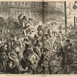 Panic-stricken citizens rushing past the Sherman House (engraving)