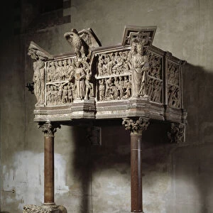 The parapet of the pulpit of Fra Guglielmo da Pisa (ca. 1235-1310 / 11) depicting scenes from the New Testament, prophets and symbols of the evangelists - (pulpit representing prophets, evangelists and scenes of the new testament) 1270 Pistoia