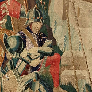 Parish museum of tapestries (Museo Parroquial de Tapices de Pastrana). Flemish tapestry. The landing at Arzila (De landing in Arzila, Desembarco en Arzila). Series Conquests of king Alfonso I of Portugal (Conquistas de Alfonso V de Portugal)