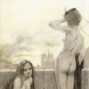 Two partially-clad women by a wall in a city, 1897 (etching)