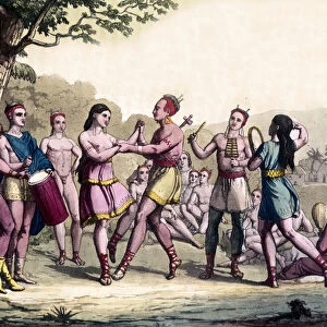 Party scene among the Iroquois Indians. 17th century engraving