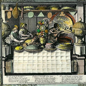 A pastry shop in the 17th century: the back shop where bakers and pastry makers make