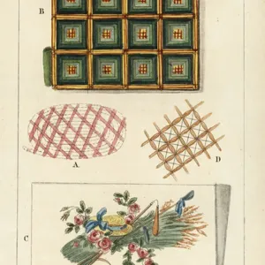 Patterns for letters and needle booklets, and a work bag in embroidered lace