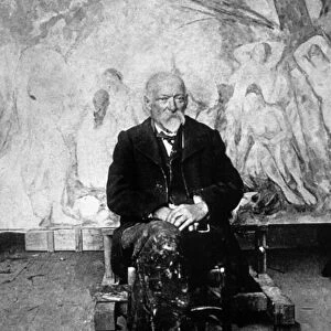 Paul Cezanne (1839-1906) French painter in 1904 in front of one of his canvas showing swimmers (b / w photo)