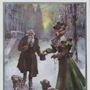 Paupers and Plutocrats: wealth woman giving money to a poor man on a street in winter (colour litho)