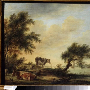 "Paysage avec betail"(Landscape with a herd) Peinture de Jan Jansson (1729-1784) 18eme siecle State Art Museum, Toula, Russie