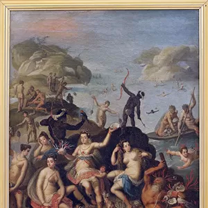 Pearl fishing. Allegorical representation of the discovery of the New World. Aquatic and Indian nymphs with the riches of the sea, coral, pearl shells. Painting around 1590, after Jacopo Zucchi (1541-1589 / 90). Italian art, 16th century