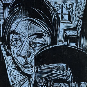 Peasant Couple in the Cottage, 1919 (woodcut on heavy blue wove paper)