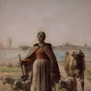 Peasant leading her cow and sheep to the fields, 1863 (pastel)