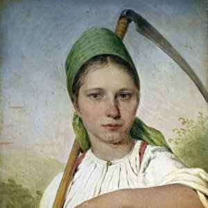 Peasant woman with a scythe and rake