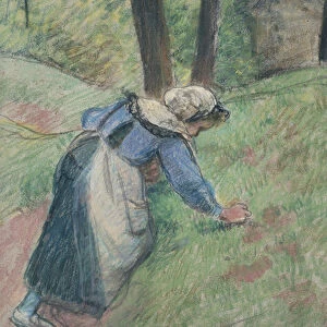 Peasant woman weeding the grass (pastel heightened in places with a pink wash)