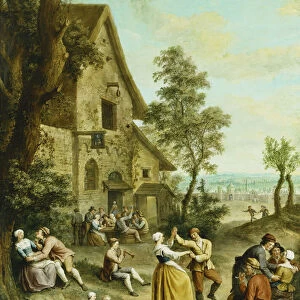 Peasants Dancing and Merry-Making Before a Tavern, a Walled Town Beyond, (oil on canvas)