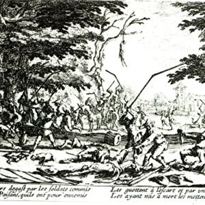 The Peasants Revenge, plate 17 from The Miseries and Misfortunes of War, engraved by Israel Henriet (c. 1590-1661) 1633 (engraving) (b / w photo)