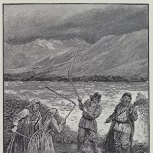 Peasants threshing out grain on the ice (litho)